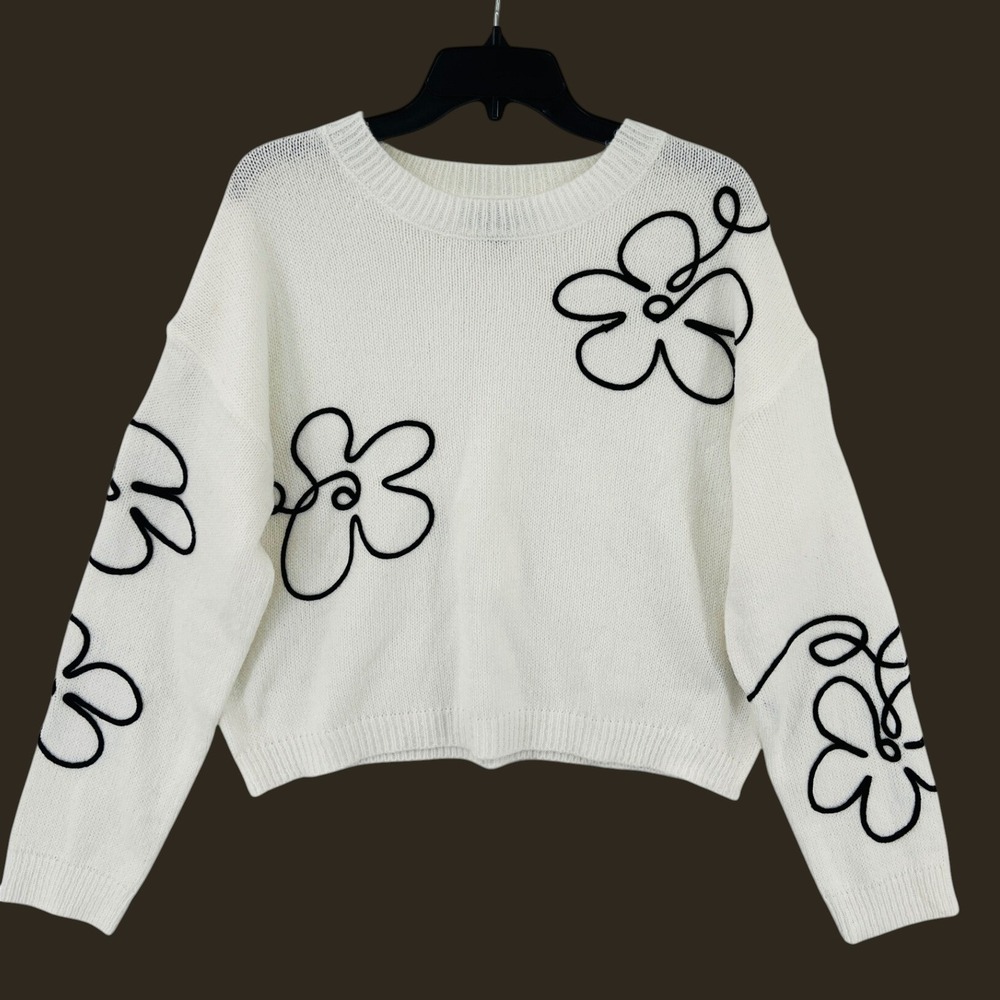 BCX Floral Outline Applique Sweater White Pullover Women's L Artsy Whimsical